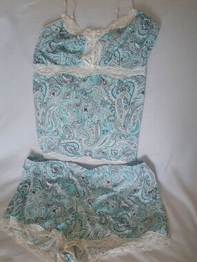 Women’s Lace-Trim Paisley Cami & Short Pajama Set - Aqua